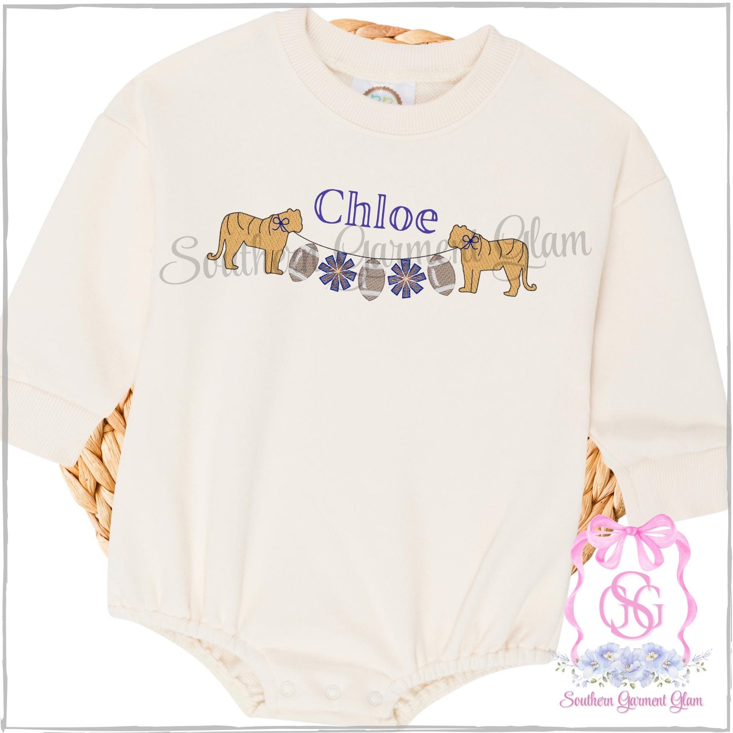 Tiger Football Embroidered Bubble Romper, Spirit Shirt, Game Day Outfit