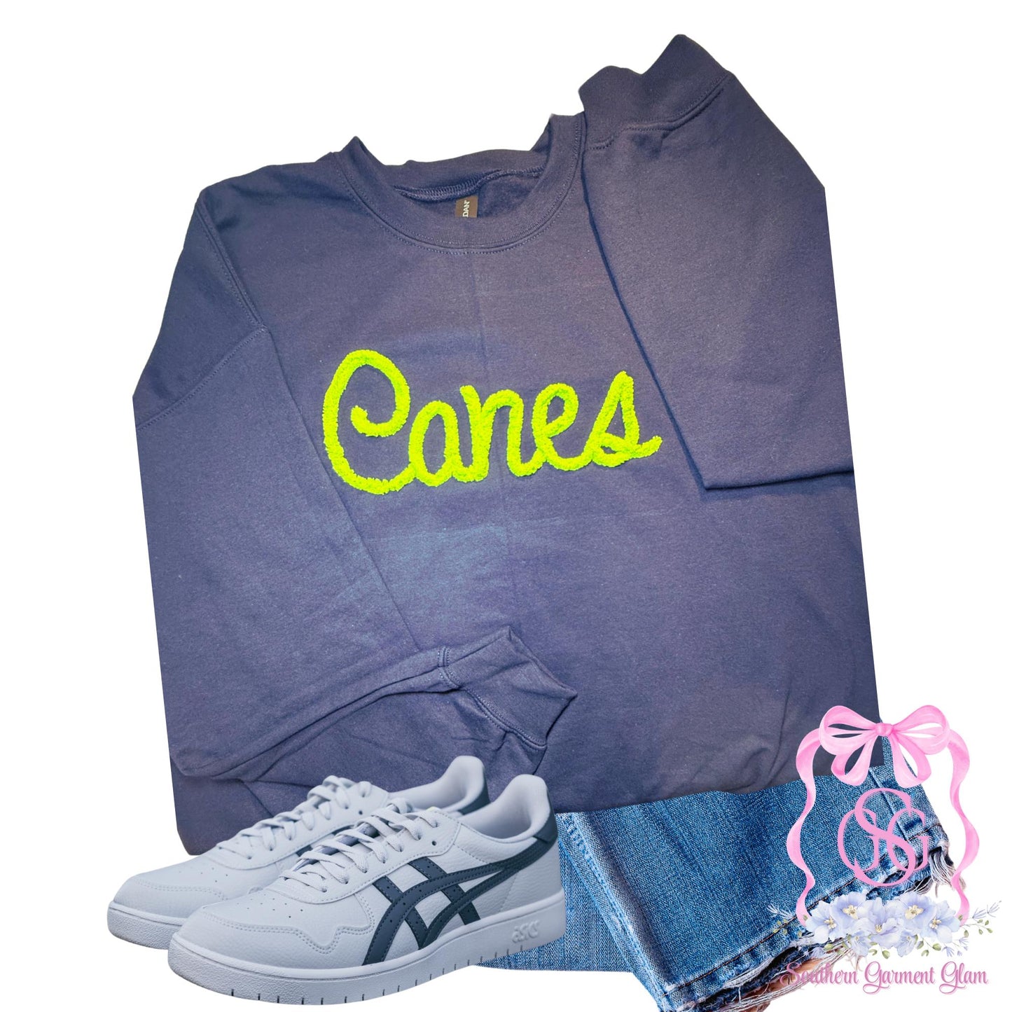 Canes Yarn Embroidered Sweatshirt, Spirit Shirt, Adult Crewneck Pullover, Game Day Outfit