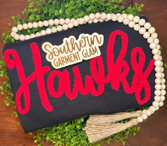 Hawks Yarn Embroidered Sweatshirt, Spirit Shirt, Adult Crewneck Pullover, Game Day Outfit