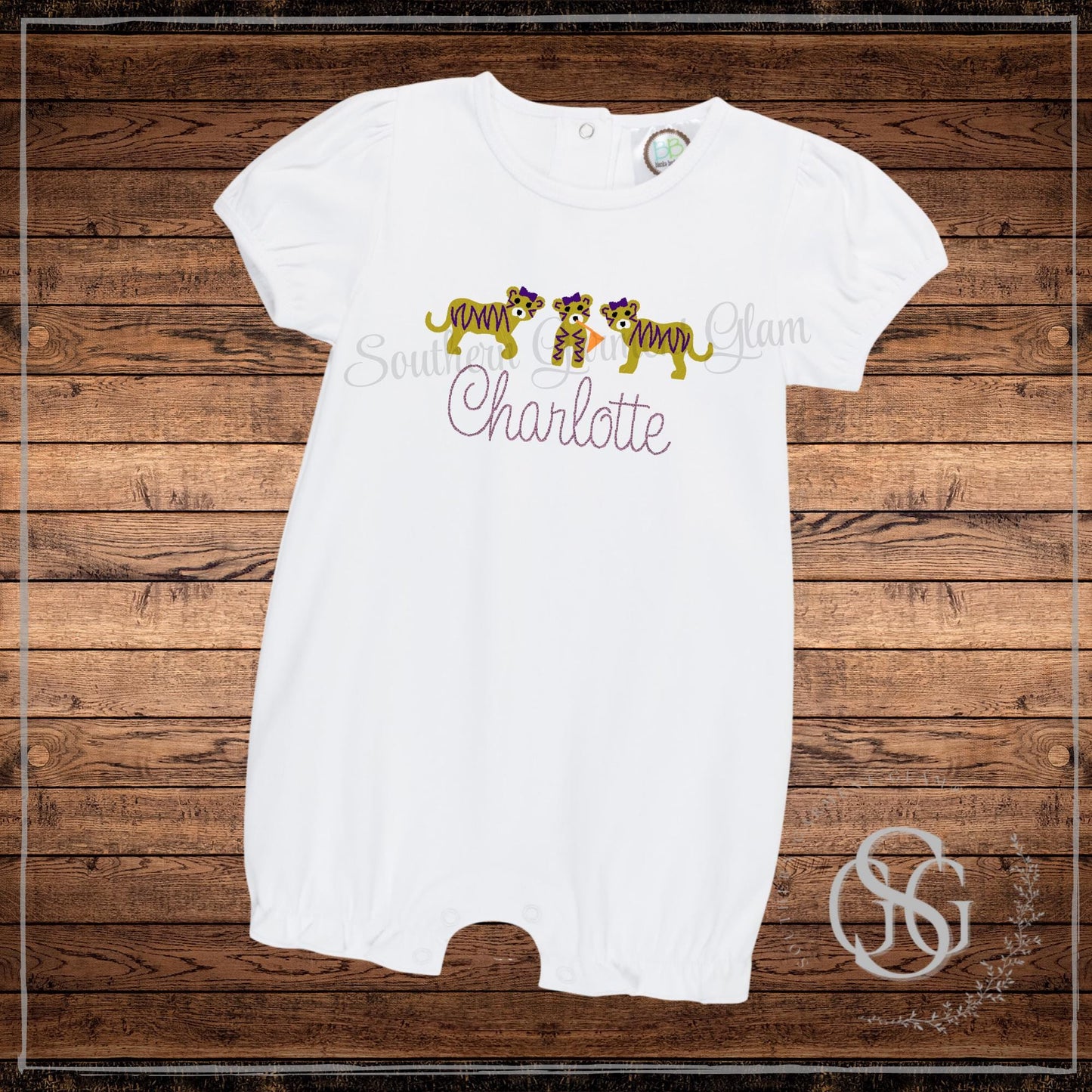 Tiger Trio Embroidered Bubble Romper, Spirit Shirt, Game Day Outfit