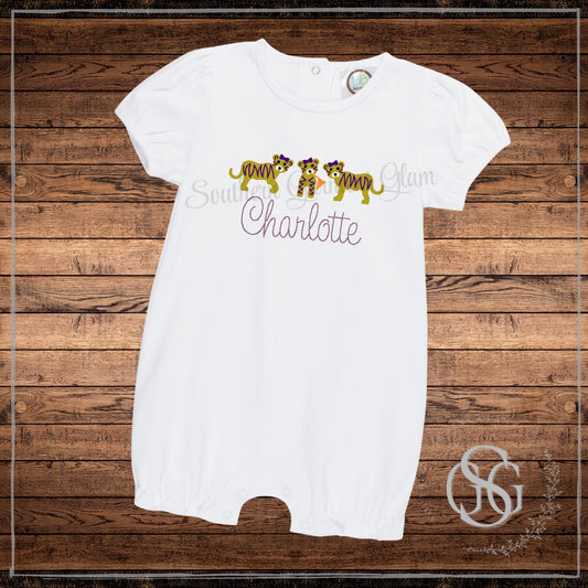 Tiger Trio Embroidered Bubble Romper, Spirit Shirt, Game Day Outfit