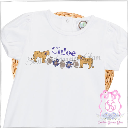 Tiger Football Embroidered Bubble Romper, Spirit Shirt, Game Day Outfit