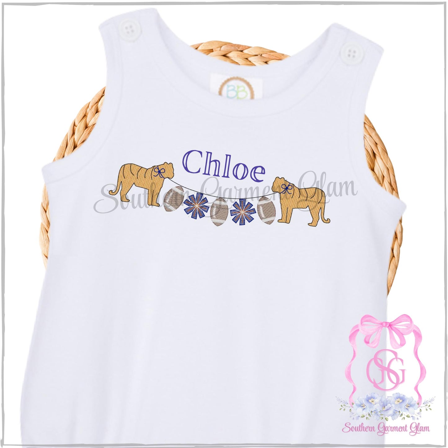 Tiger Football Embroidered Bubble Romper, Spirit Shirt, Game Day Outfit
