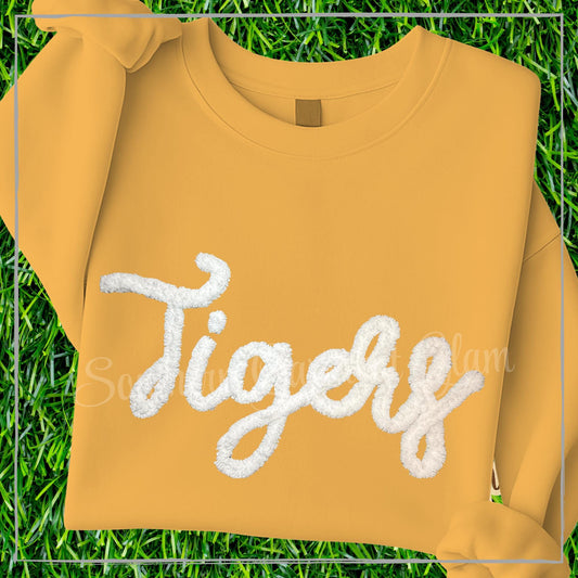 Tigers Yarn Embroidered Sweatshirt, Spirit Shirt, Adult Crewneck Pullover, Game Day Outfit