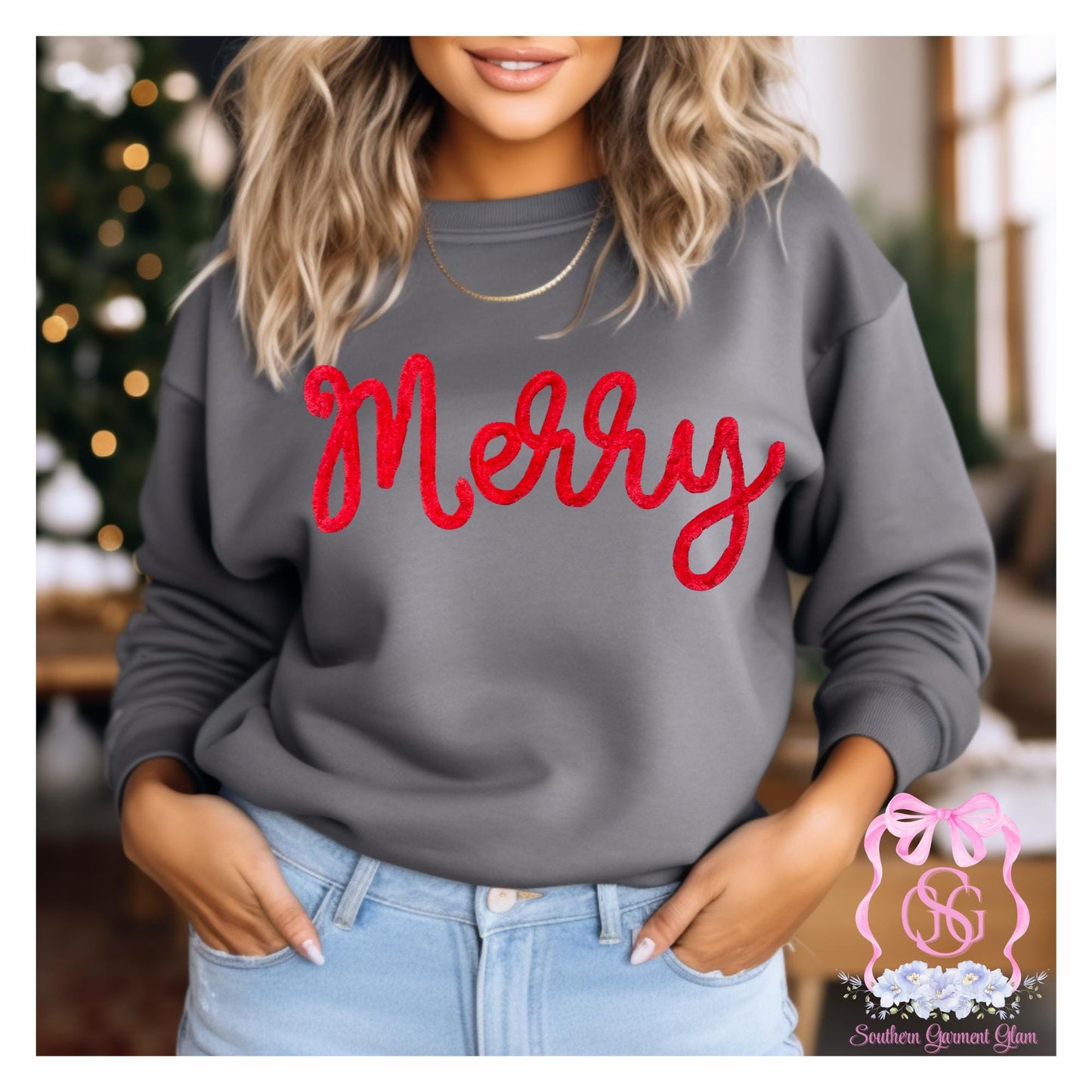 Merry Yarn Embroidered Sweatshirt, Holiday Shirt, Adult Crewneck Pullover, Christmas Outfit