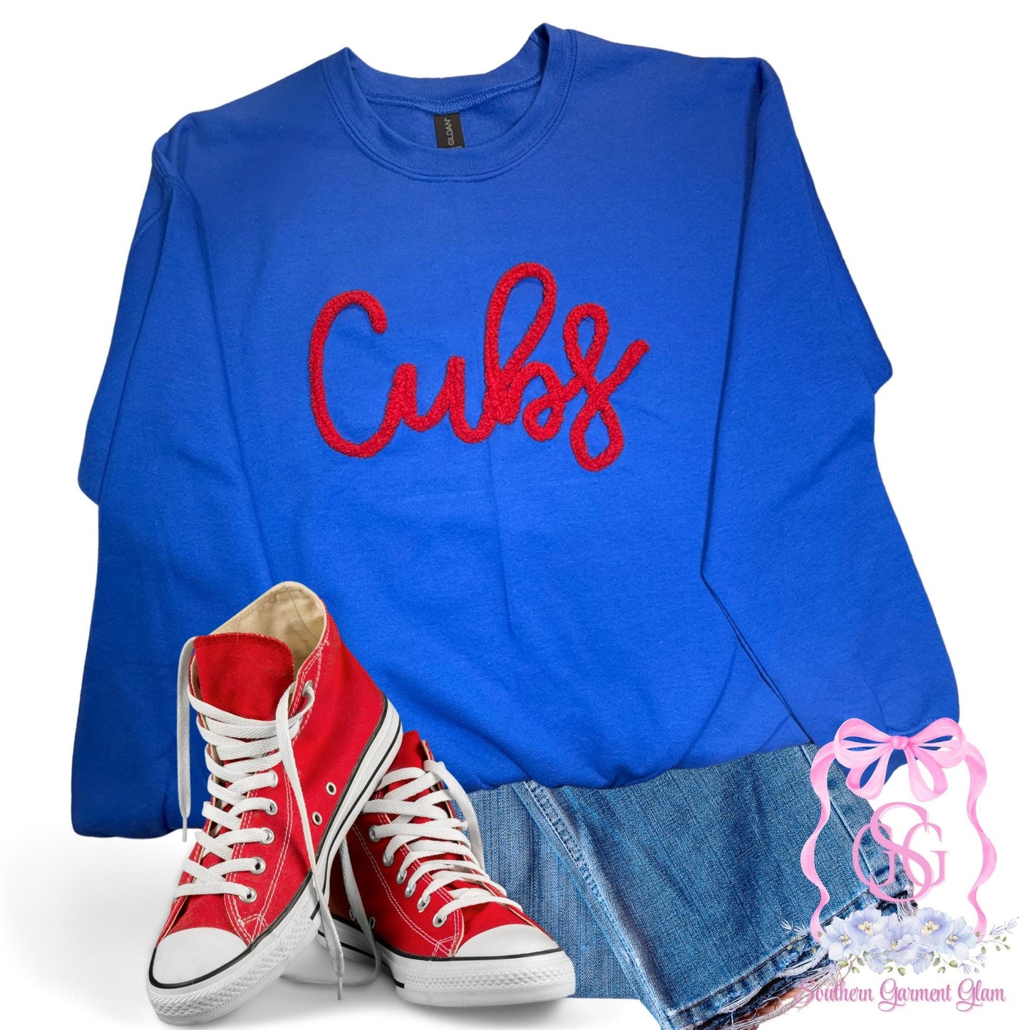 Cubs Yarn Embroidered Sweatshirt, Spirit Shirt, Adult Crewneck Pullover, Game Day Outfit