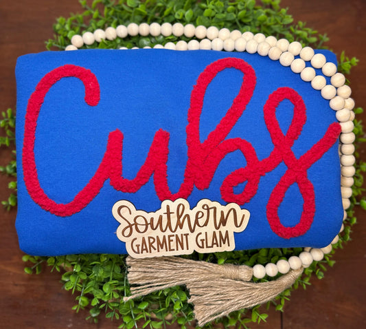 Cubs Yarn Embroidered Sweatshirt, Spirit Shirt, Adult Crewneck Pullover, Game Day Outfit