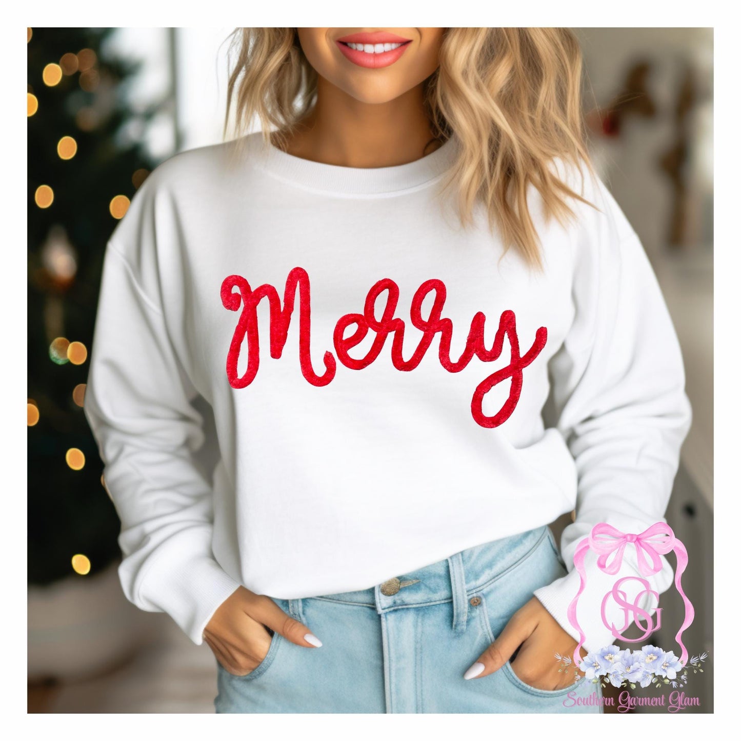 Merry Yarn Embroidered Sweatshirt, Holiday Shirt, Adult Crewneck Pullover, Christmas Outfit