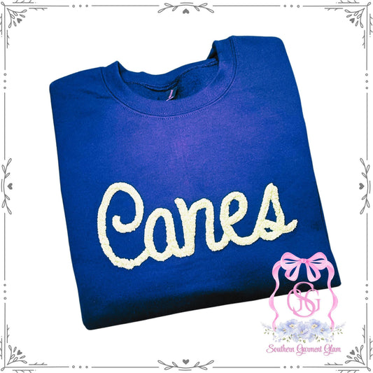 Canes Yarn Embroidered Sweatshirt, Spirit Shirt, Adult Crewneck Pullover, Game Day Outfit